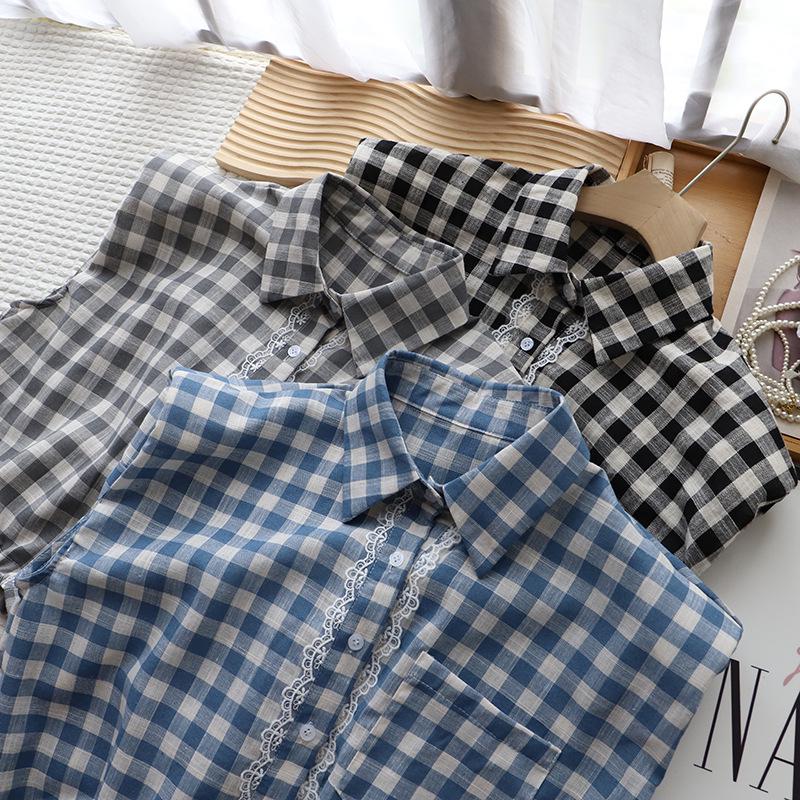 

2025 Summer Korean Plaid Sleeveless Women s Loose Shirt with Lace Trim One Size