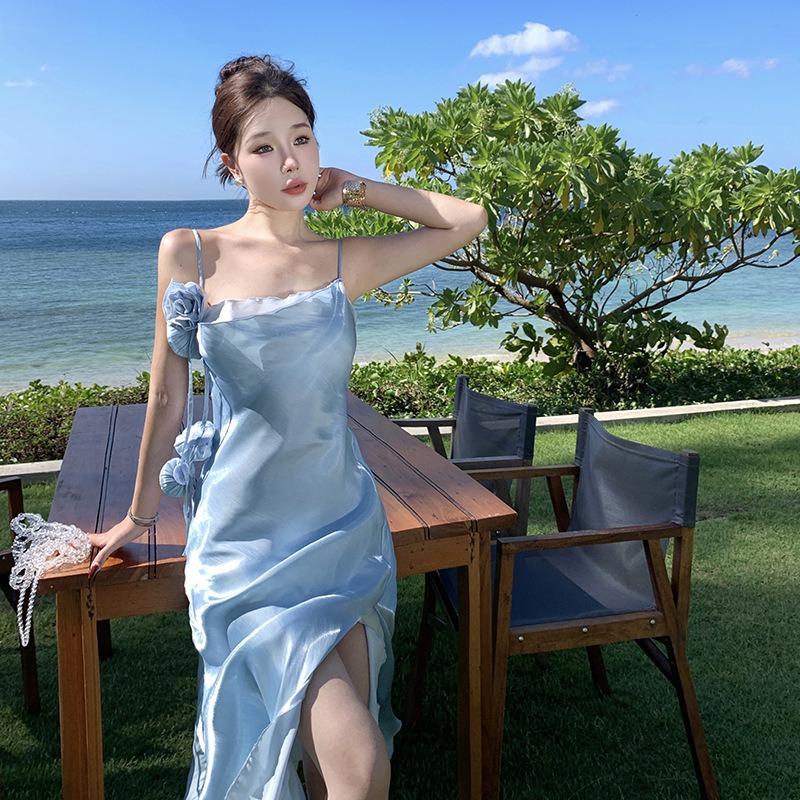 Elegant French Seaside Vacation Dress Premium Swing Neck Double Layer Split Suspender Engagement Dress