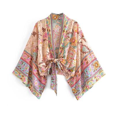 Vintage Bohemian Floral Print Sashes Short  Kimono Women V-Neck Batwing Sleeves Ladies Beach Robe Cover-ups