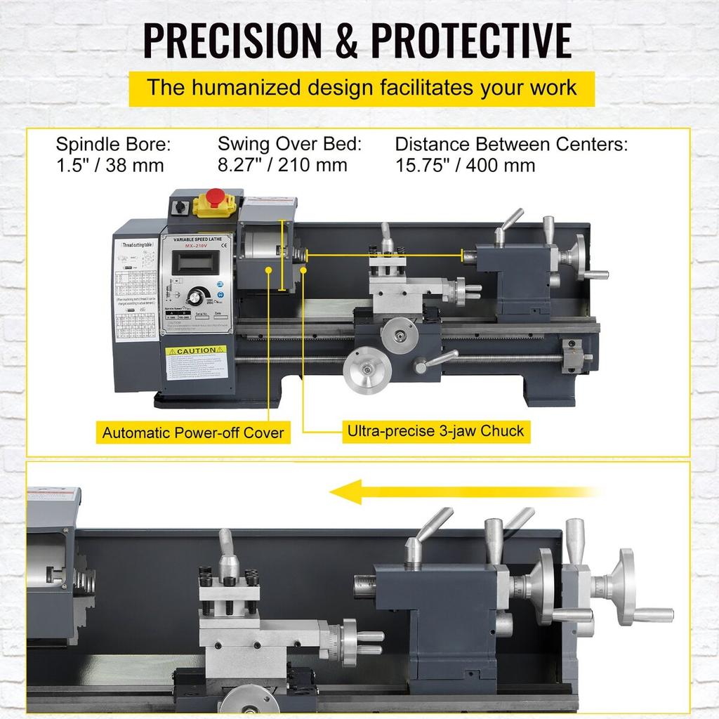 Aktualisierte 750W Mini-Metall Drehmaschine 8x16 Zoll Metall Drehmaschine mit Luxus-Zubehörkasten, 50-2500 U/min Stufenlos Variable Geschwindigkeiten MT3 Spindelkonus Metall Drehmaschine