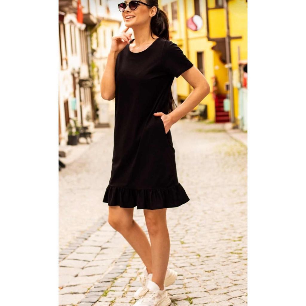 Women's Black Short Sleeve Six Ruffle Dress Arm-20y001032