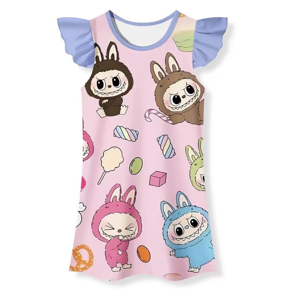 Summer new LABUBU cartoon cute children's nightdress short-sleeved ruffle edge thin digital print