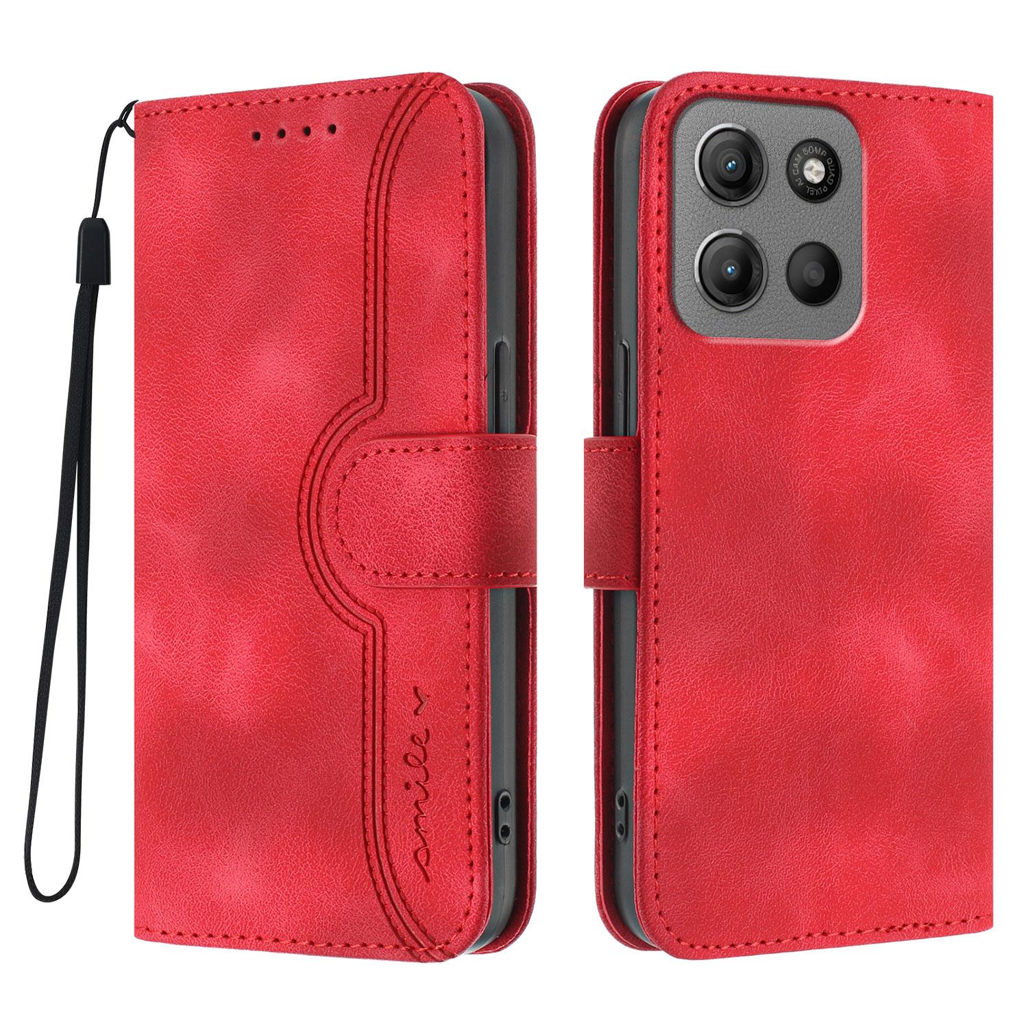 

For Motorola Moto G15 Power 4G/Motorola Moto G15 4G Leather Case Wallet Stand Smile Imprinted Phone Cover with Strap Red
