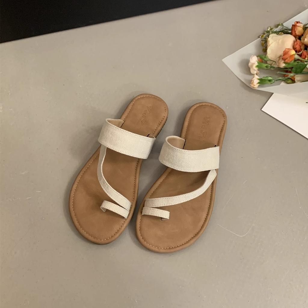 Super soft flat-bottomed linen slippers for women's outer wear summer new jacket toe sandals casual vacation beach seaside sandals