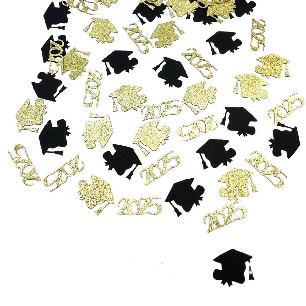 100PCS Cardstock 2025 Graduation Cap Confetti Black & Golden Paper Scatter Decor  Grad Parties