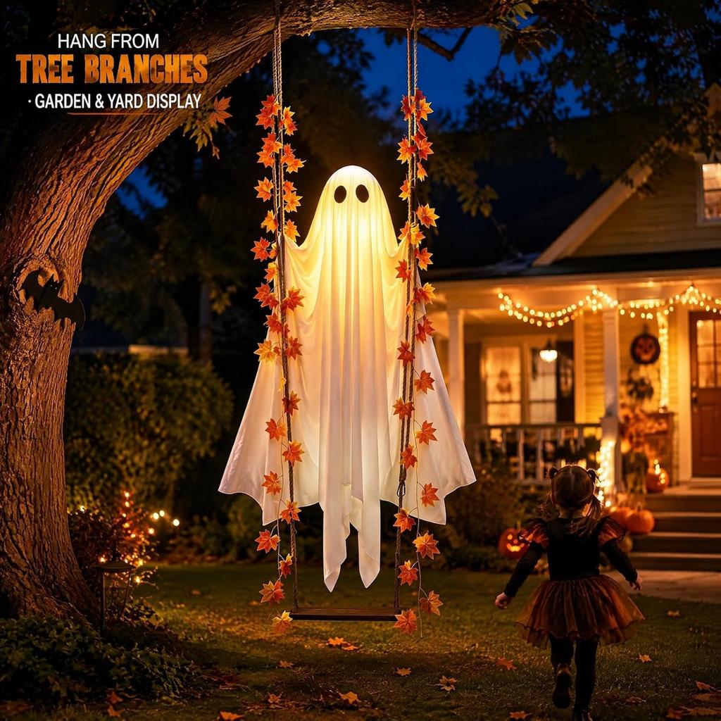 1.2M Hanging Swinging Ghost Halloween Decor Lighted Ghost Ornament 1pc