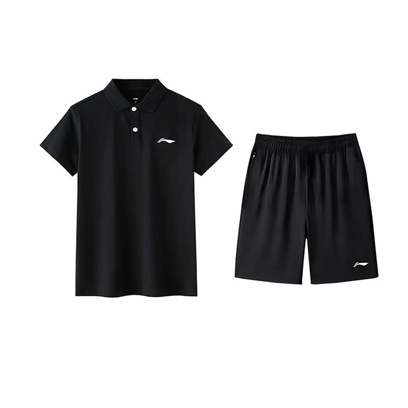 Li Ning Logo Print Solid Color Short Sleeve Polo Shirt Simple Versatile Comfortable Shorts Casual Sports Set Unisex Sports Set APLV723-1+AKSV843-1