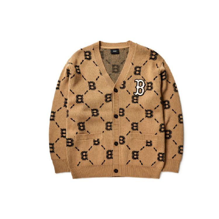 MLB Old Flower Sweaters Unisex Camel V Neck Moderate Cardigan 3AKTM0214-43BGD