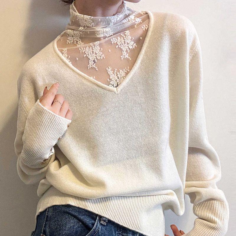 Plus Size Velvet Lace Mesh Layered Half-High Collar Top for Women - Autumn/Winter New Loose Slimming Style