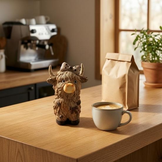 Hochlandrinder-Ornamente Figur, Kaffeestatue aus Harz für Bauernhaus-Heimdekoration, Künstlerische Einweihungsgeschenke Tischdekoration im Landhausstil