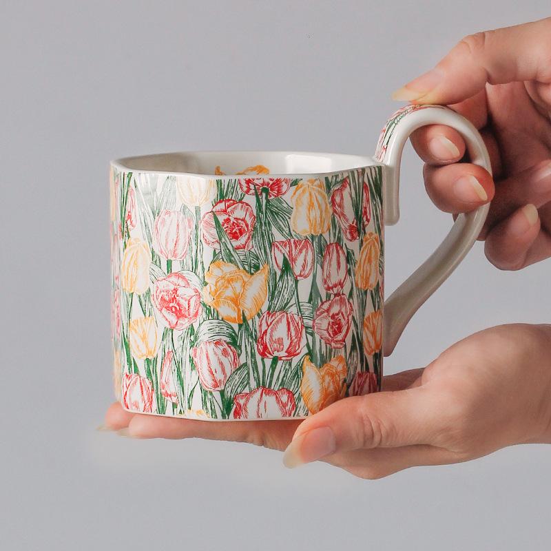 Oil Painting Flower Coffee Cup Matte Retro Exquisite Breakfast Cup Souvenir Niche Birthday Gift Girl