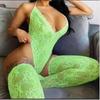 Combinaison sous-vêtements en dentelle pour femmes, sans manches, dos nu, décolleté en v profond, bretelles serrées, avec chaussettes