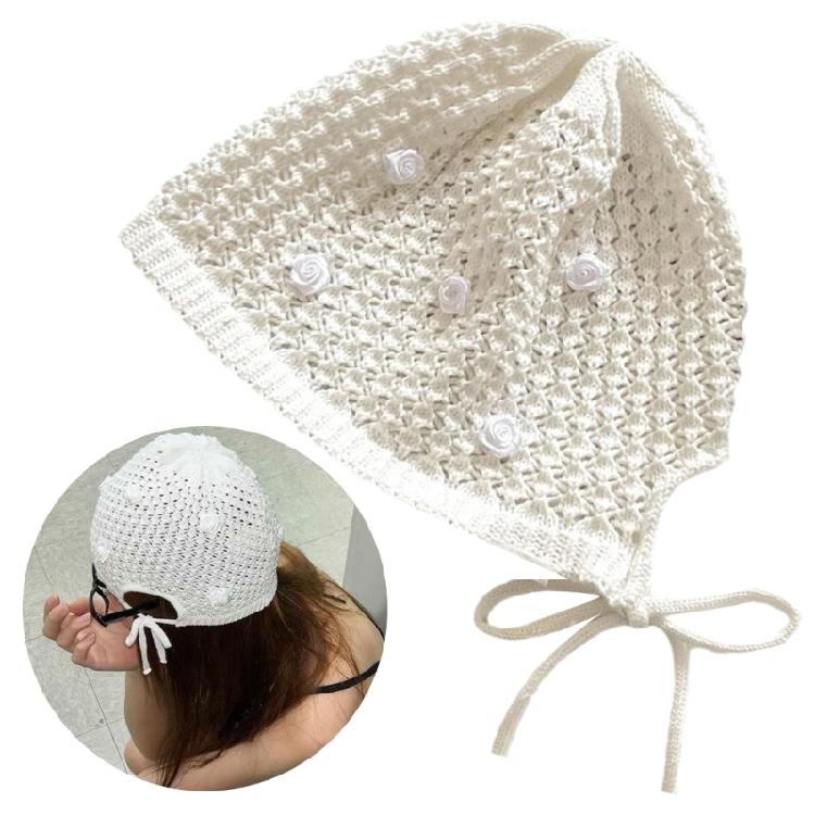 Popular Rose Flower Beanies Hat for Female Pullover Skull Hat Elegant Girl Knitting Hat Breathable Hollowed Slouch Hat