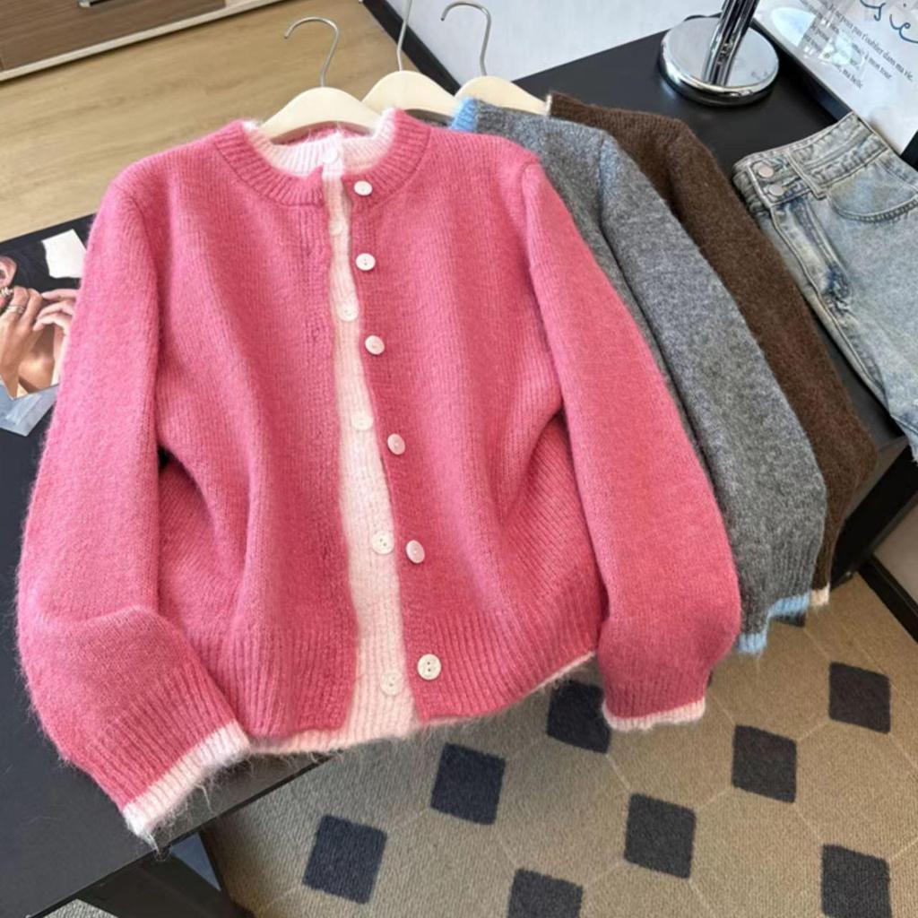 Korean Style Knit Cardigan: 2025 Autumn/Winter Color Block, Casual Loose Slimming College Style Sweater