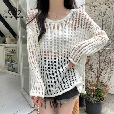 Sommer Koreansk Stil Løs Hult Designfølelse Mellemlang Solbeskyttende Bluse Strikket Langærmet Top Kvinder