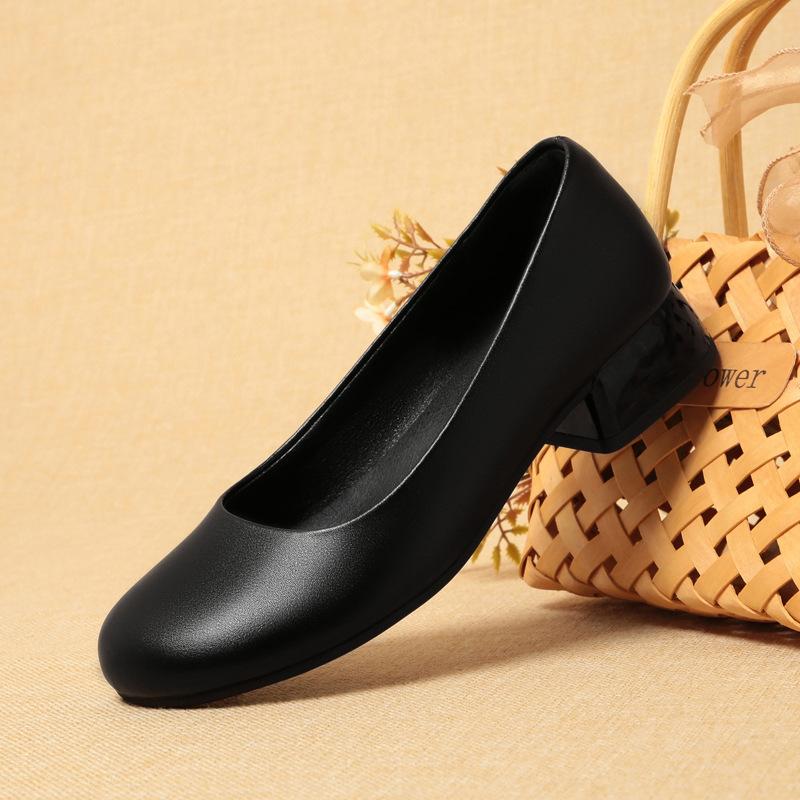 

Fashion Soft Sole Thick Heels Without Tiring Work Shoes Black Single Shoes Formal Wear Commuting For Work Women s Leather Shoes New 35