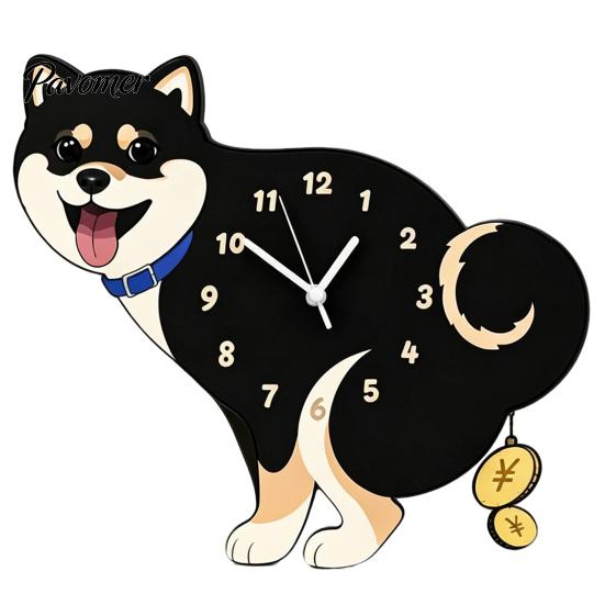 Easy Setup Wall Clock Pooping Dog Clock, Wooden with Swinging Pendulum, Silent Non Ticking Pet Lover for Living Room Home Office, Gift