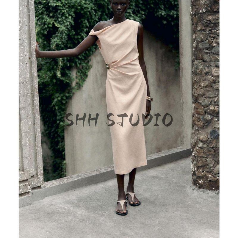 Summer New Women Clothes Inlaid Asymmetric Neckline Sleeveless Midi Dress 8037392 8037734