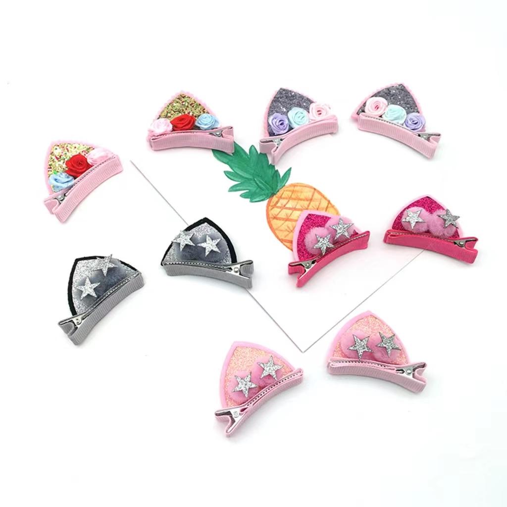 2 st kattöronhårklämmor glitter regnbågsfilt tygblomma hårnålar Cosplay Kawaii Hårklämmor Barnhuvudbonader Håraccessoarer