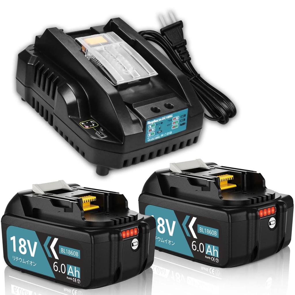 Enermall Makita 18V Compatible BL1860B with Compatible Charger PSE LED Battery Level and Protection Circuit 6.0Ah 2-Pack DC18RC, Certified, Indicator,