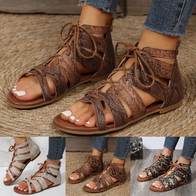 Wide Wedge Sandals For Women Wide Width Ladies Fashion Summer Pattern Print Leather Lace Up Open Toe Back SandáLias Femininas