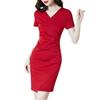 Damen Sommer Freizeitkleid Kurzarm V-Ausschnitt Hohe Taille Raffung Bodycon Mini Einteiler Slim Fit Kleid