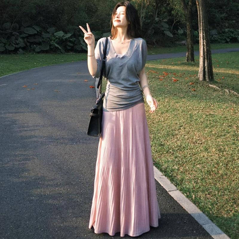 

Корейская фиолетовая плиссированная юбка для женщин на лето, новая юбка-зонтик с высокой талией и поясом на бедрах, маленькая плиссированная юбка XL розовый