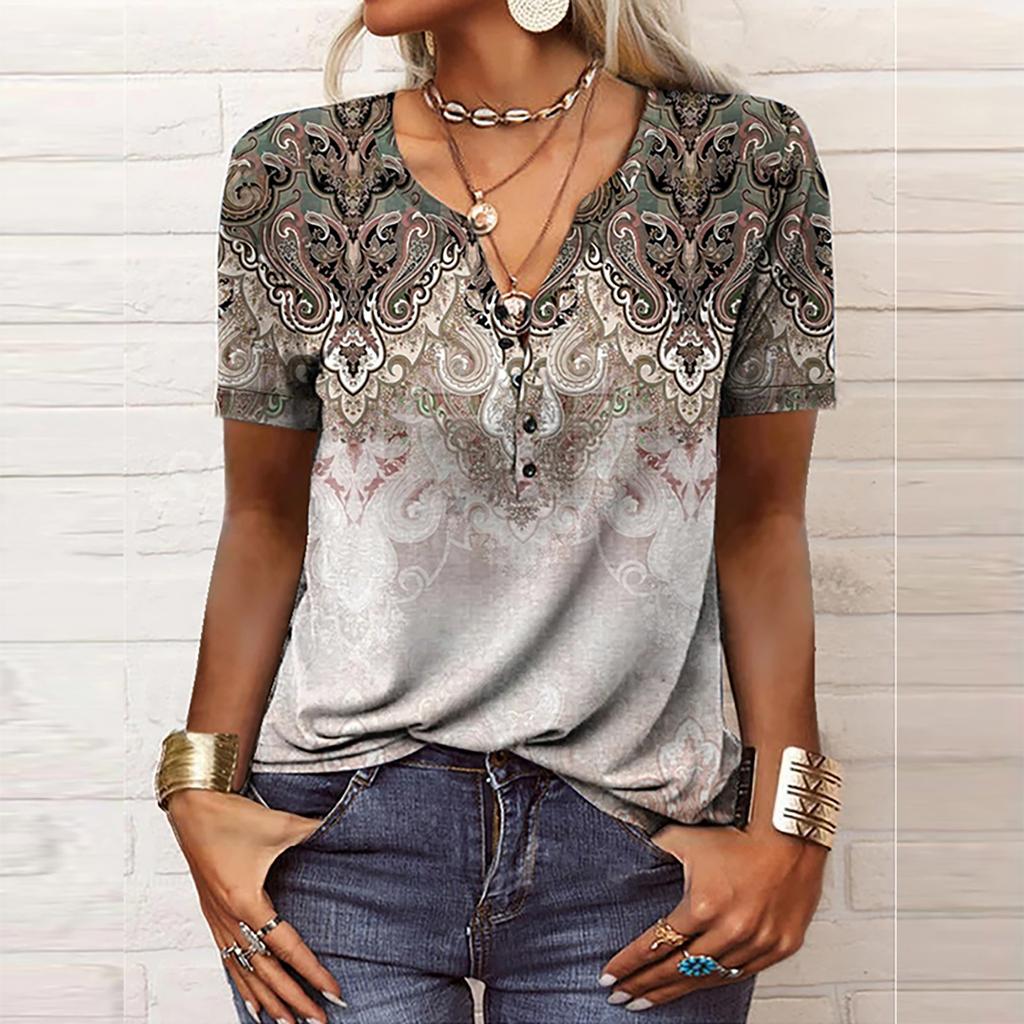 Women's Fashion Casual V-neck Short Seeve Ethnic Printing Button Loose Top
