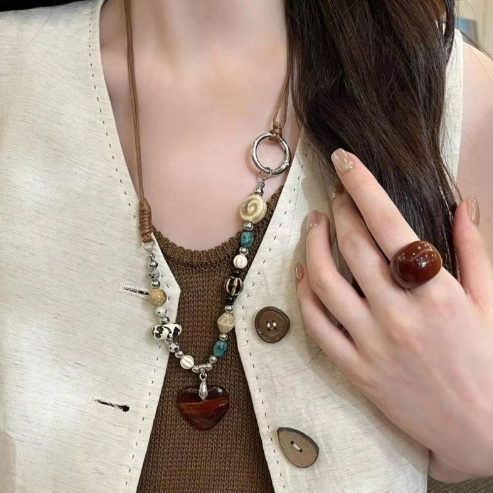 Heart-shaped Wood Pendant Necklace Ceramic Women Jewelry New Long Sweater Chain Necklace  for Women