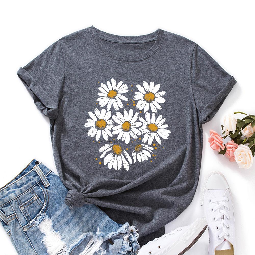Casual Flowers Cotton T-Shirt Short Sleeve Round Neck Women 2d Print Tops