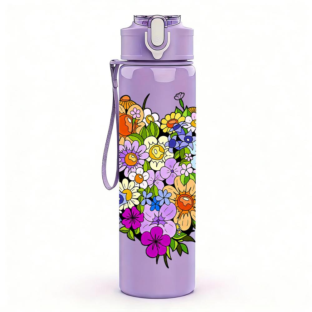 1PC Full Floral Filled Love Heart 750ml Color Plastic Sports Water Bottle Leakproof Flip Straw Lid Suitable for Sports Office Home Use
