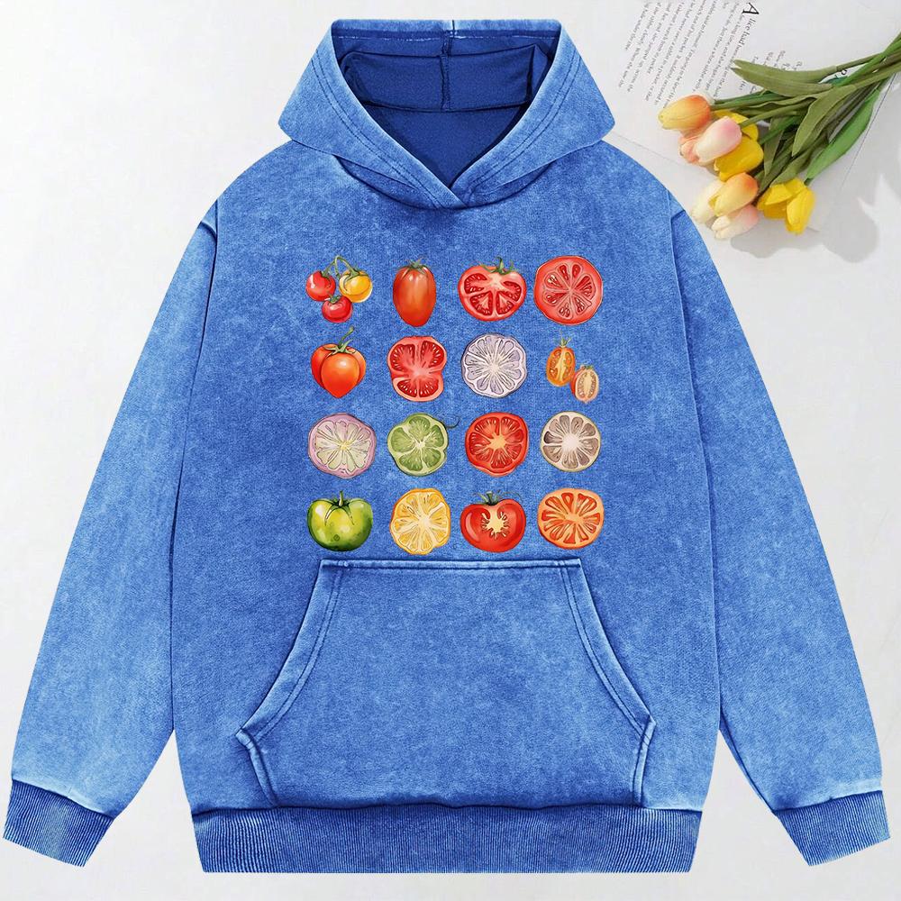 Tomato Variety Collection Chart Print Washed Women Clothes Creativity Cotton Hoodie Pocket Pullover Casual Hoody