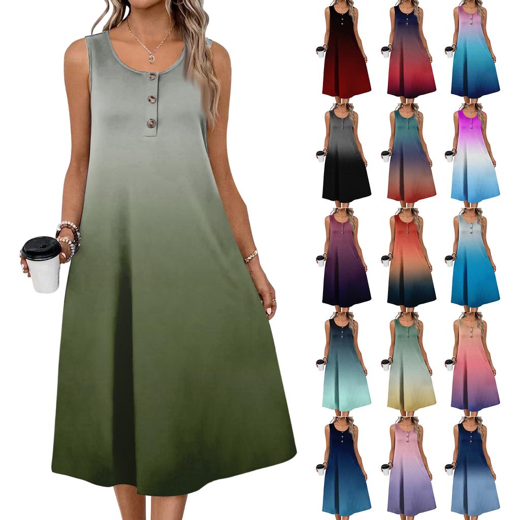Women's fashion with pocket casual sleeveless button gradient dress