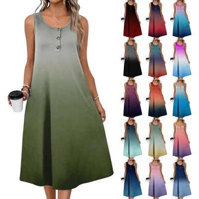 Women's Fashion with Pocket Casual Sleeveless Button Gradient Dress