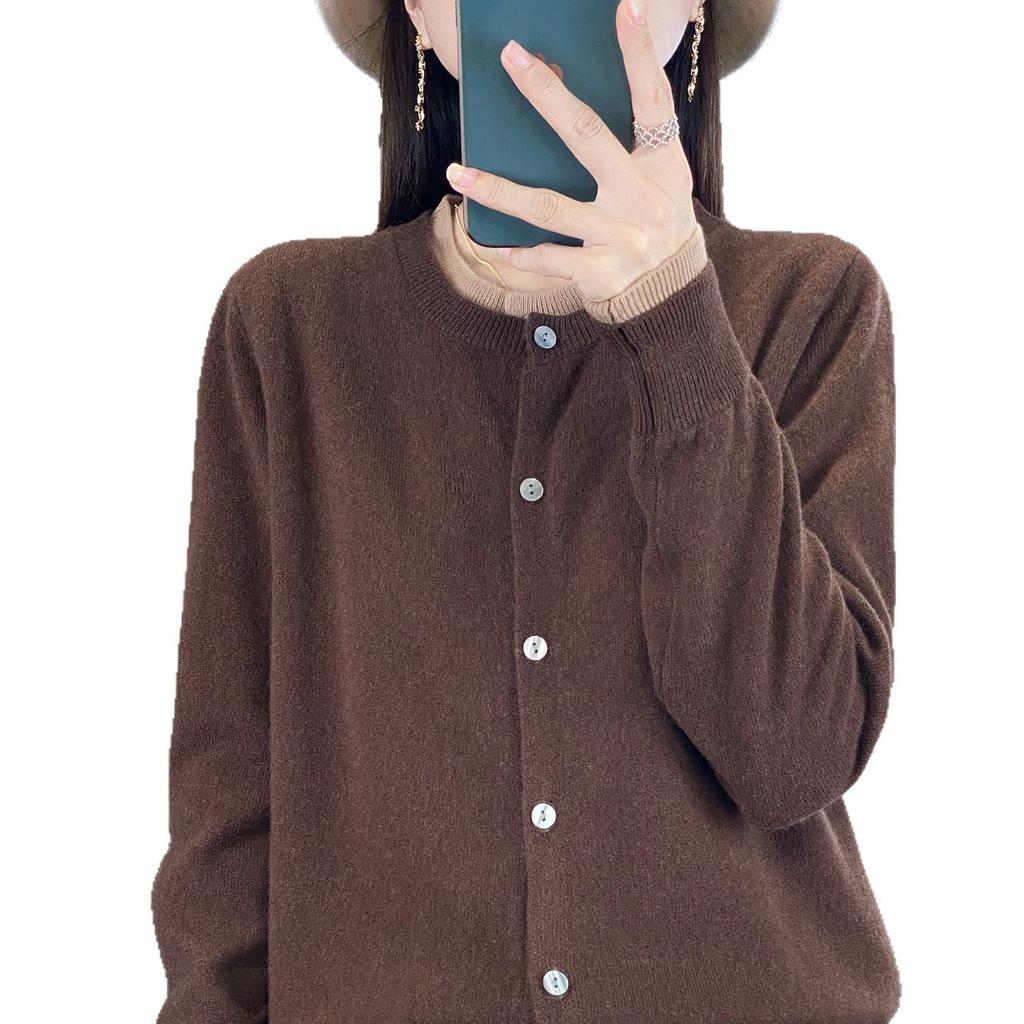 2025 Autumn/Winter Women's Round Neck Pure Wool Cardigan Sweater - Fake Two-Piece Design