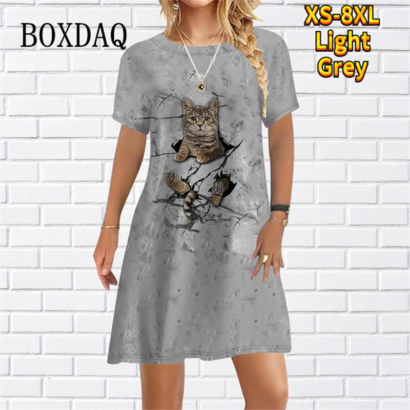 Funny Cute Cat Print Loose Dress For Womens Girls Casual Short Sleeve Cartoon Mini Dress Summer New Beach Party Sundress
