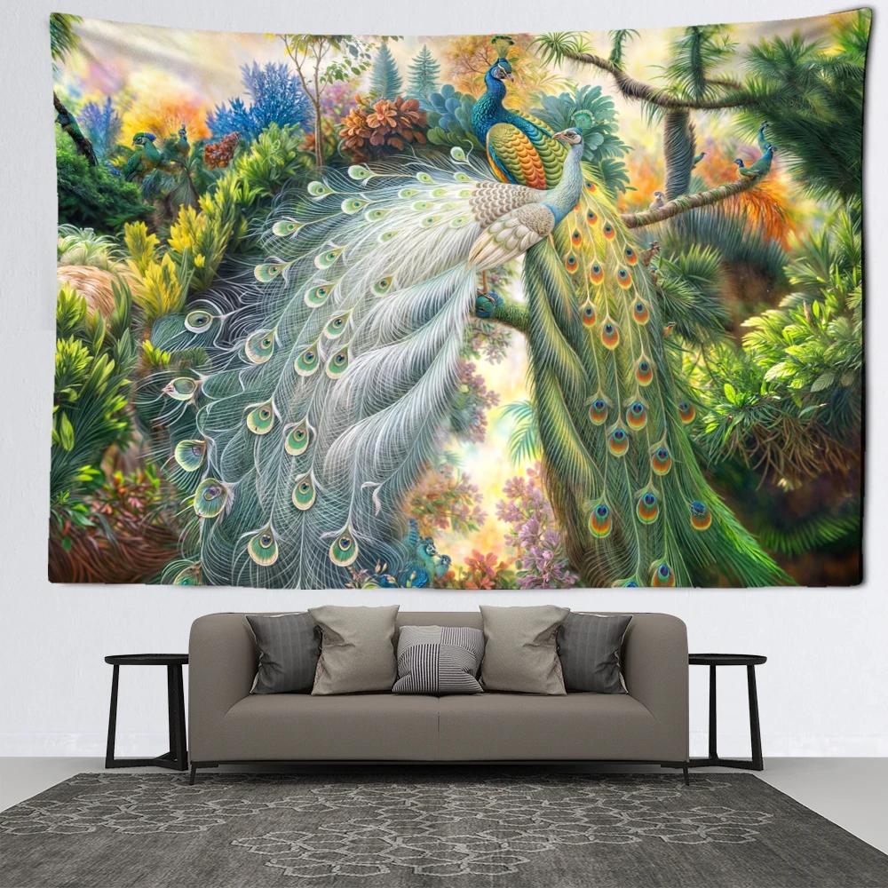 White Peacock and Blue Peacock Tapestry Wall Hanging Natural Art Forest Landscape Art Bohemian Hippie Dormitory Home Decor