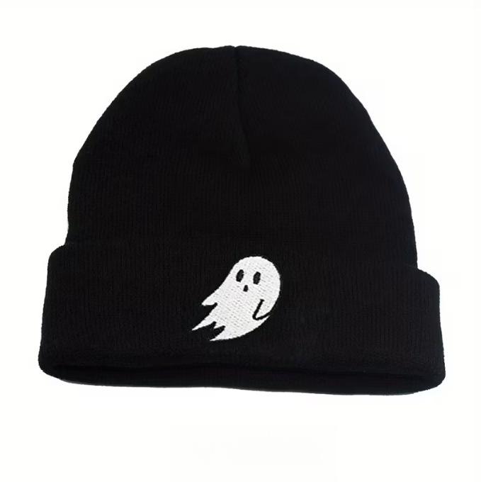 Ghost Embroidery Halloween Knit Beanie for Men & Women - Warm, Trendy Autumn/Winter Street Fashion Hat