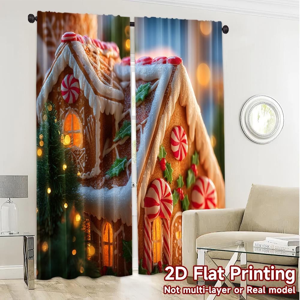 2D Flat Printing  JIT 2pcs   Curtains (Without Rod) Gingerbread Chalet Print Modern Curtains Durable 100% Polyester Fabric