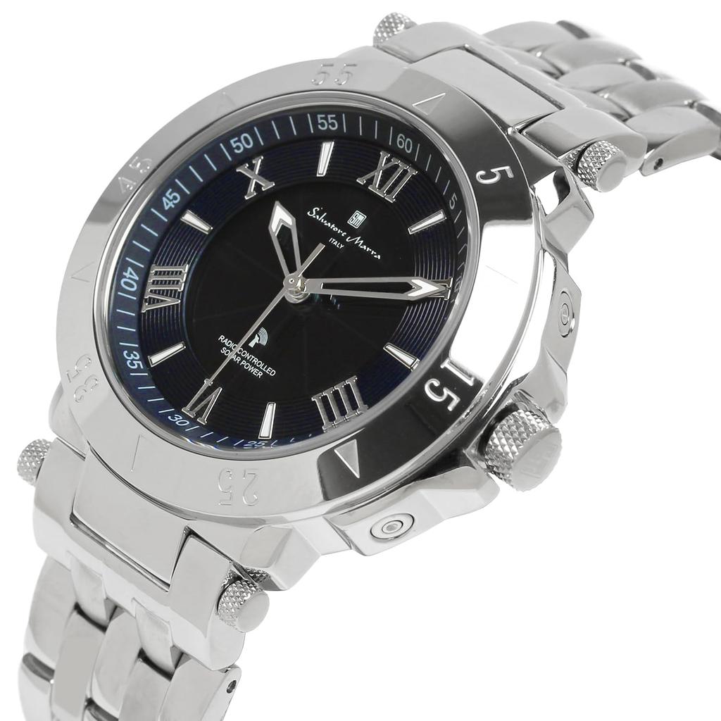 Salvatore Marra Solar Business and Formal and Blue Men's Radio-Controlled Watch, Wear, Silver, Navy,