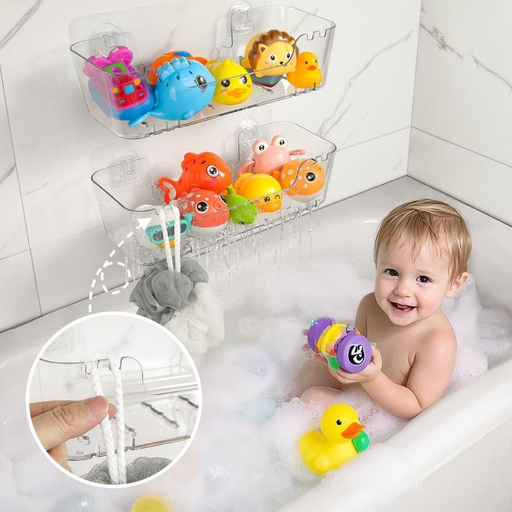 Easy to Clean Transparent Wall-Mounted Organizer No Drill Drain Holes Toy Storage Organizer Multi-Purpose Bath Toy Holder RV