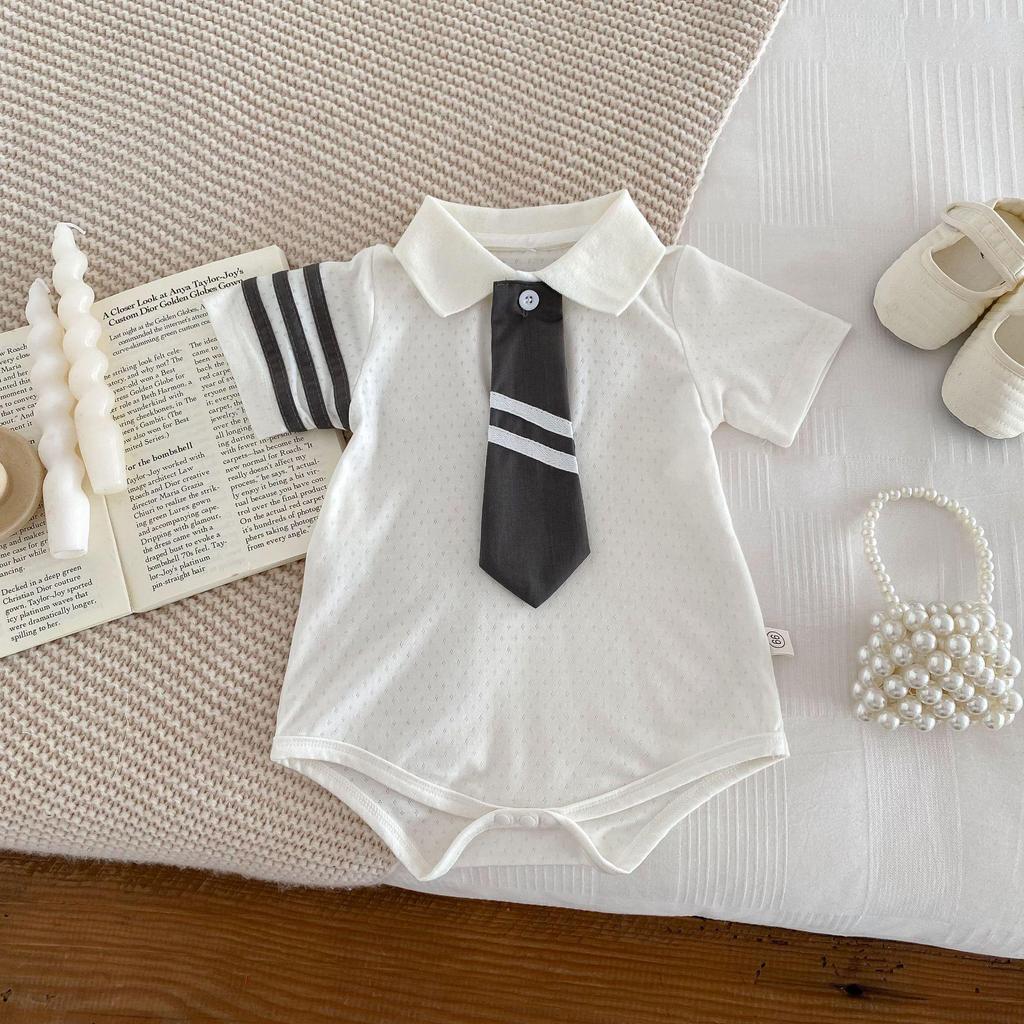 Korean-Style Preppy Romper: Trendy Infant Gift for Girls & Boys, Includes Tie - Perfect for One-Year-Olds.