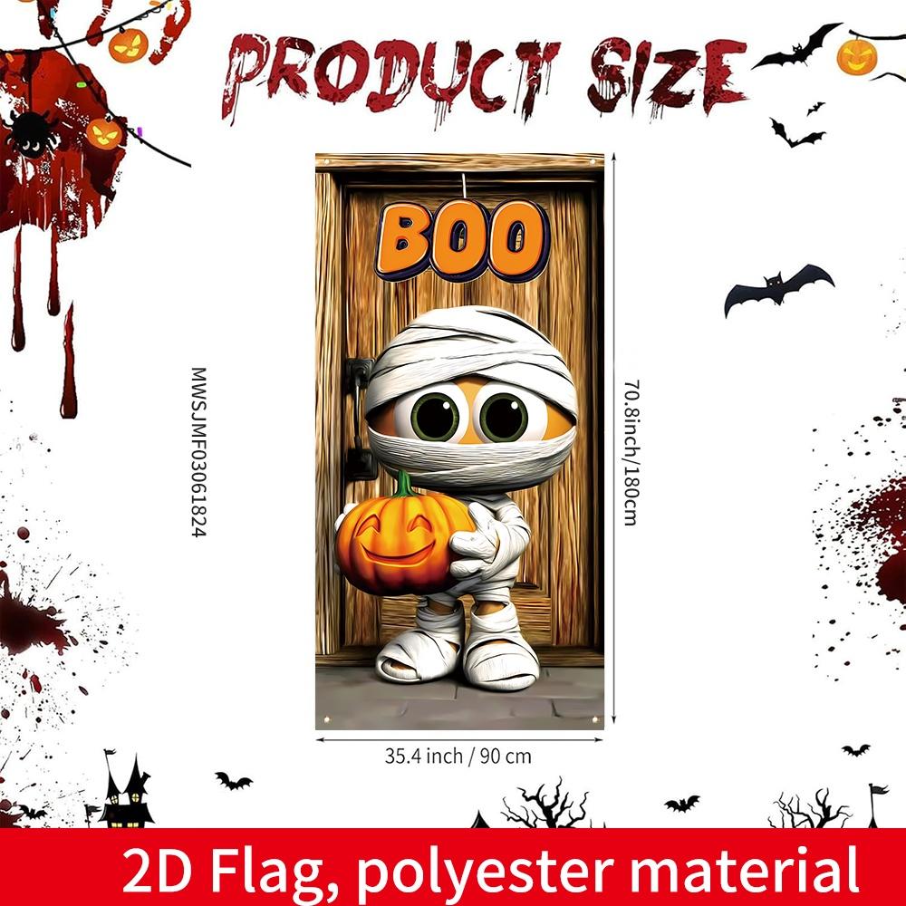 1pc 2D Flat Halloween Door Decoration Funny Mummy Pumpkin Plaque with BOO Design Polyester Door Hanging Halloween Supplies