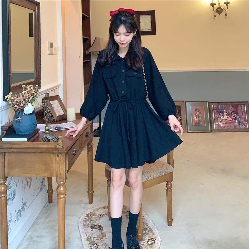 Autumn Korean version of autumn clothing POLO collar drawstring waist thin small A-shaped long-sleeved dress women's skirt