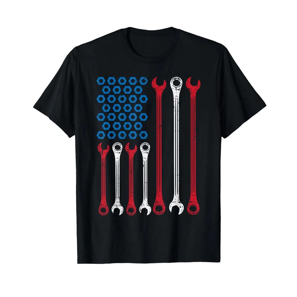 Wrench Flag Vintage Fathers Day Patriotic Mechanic Dad Unisex T Shirt Vintage Breathable Soft Graphic Top For Everyday Wear