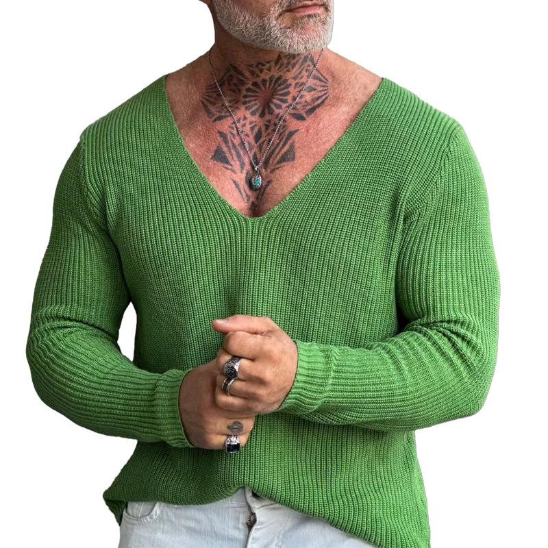 Men's V-neck Wool Knit Sweater Pullover for Autumn and Winter