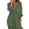 Summer Beach Dress Women Loose Fit V Neck Lapel Midi Dress Solid Color with Pockets Side Split Thin Holiday Shirt Dress