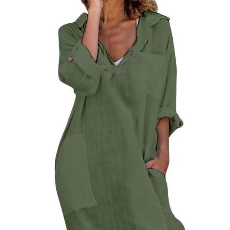 Summer Beach Dress Women Loose Fit V Neck Lapel Midi Dress Solid Color with Pockets Side Split Thin Holiday Shirt Dress
