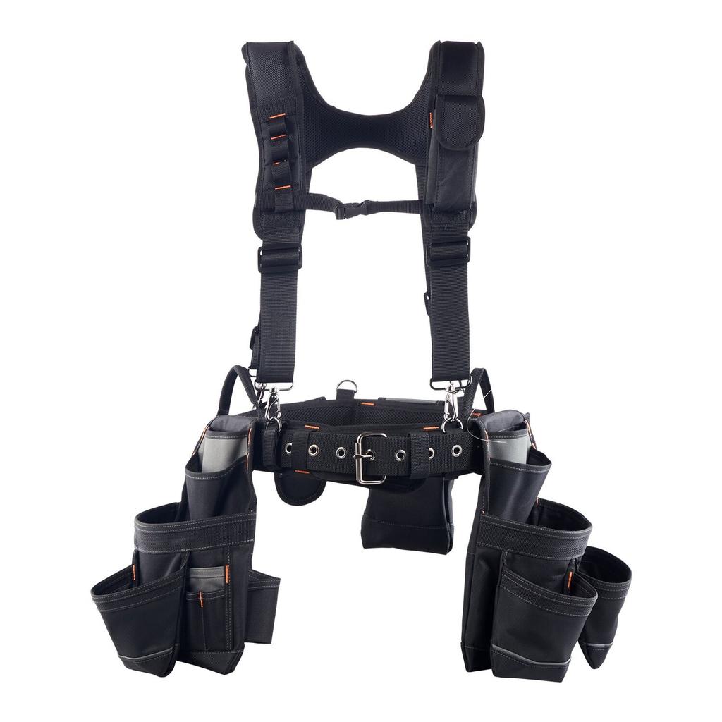 Tool Belt, 19 Pockets Tool Pouch with Suspenders for Men, Heavy Duty Adjustable Utility Belt Work Bag Detachable Suspension Rig for Electrician,