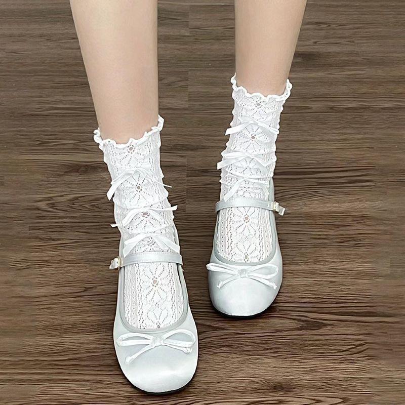 Beige Lace Bow Flower Socks - Spring/Summer JK Lolita Style